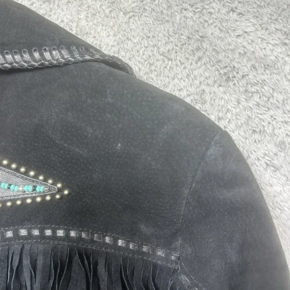 Vintage Scully Jacket Womens M Black Leather Western Fringe Studded Beaded Suede - Picture 12 of 16
